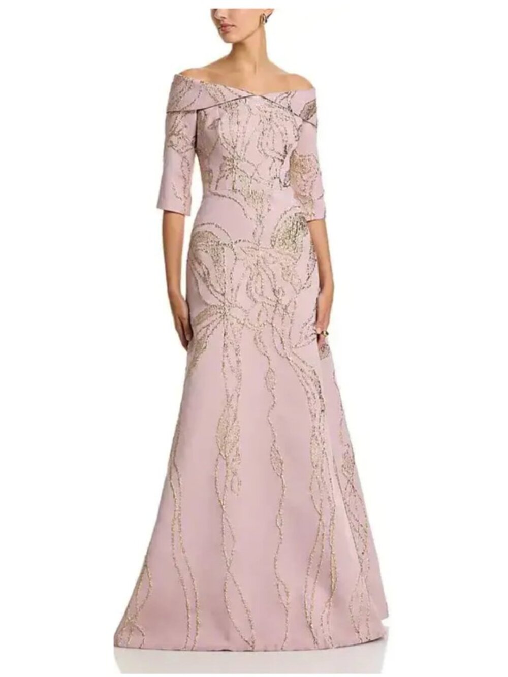 Rickie Freeman for Teri Jon Off-Shoulder Metallic Jacquard Gown